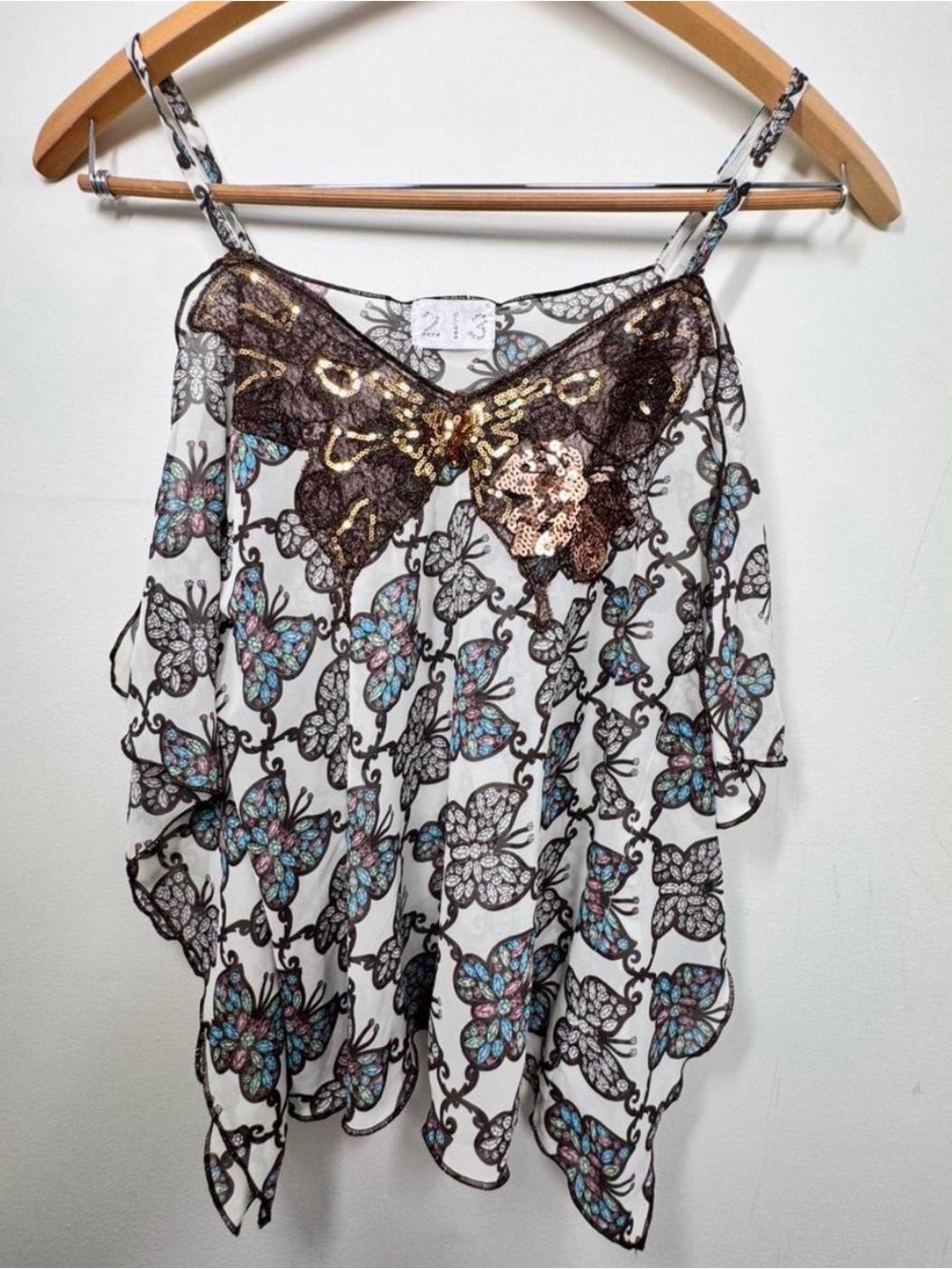Embellished Sequin Butterfly Print Spaghetti Strap Camisole - White/Blue-y2k